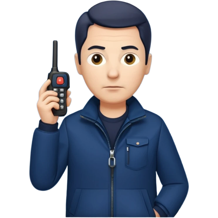 Security, Middle-aged, wearing navy blue jacket, serious facial expression, holding holding walkie-talkie, full body emoji