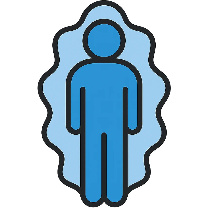 A blue person standing with a faint blue aura around them, representing poor aura. emoji