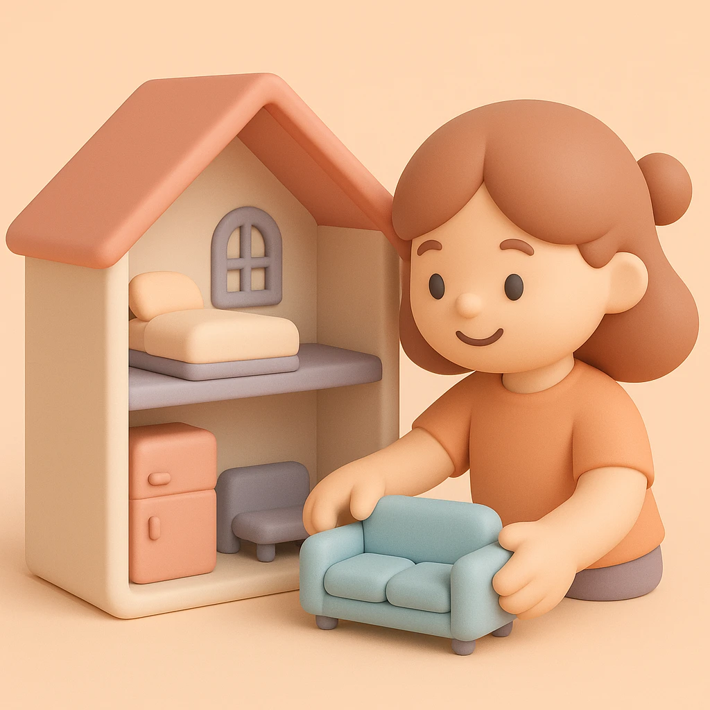 smiling girl arranging furniture in doll house emoji