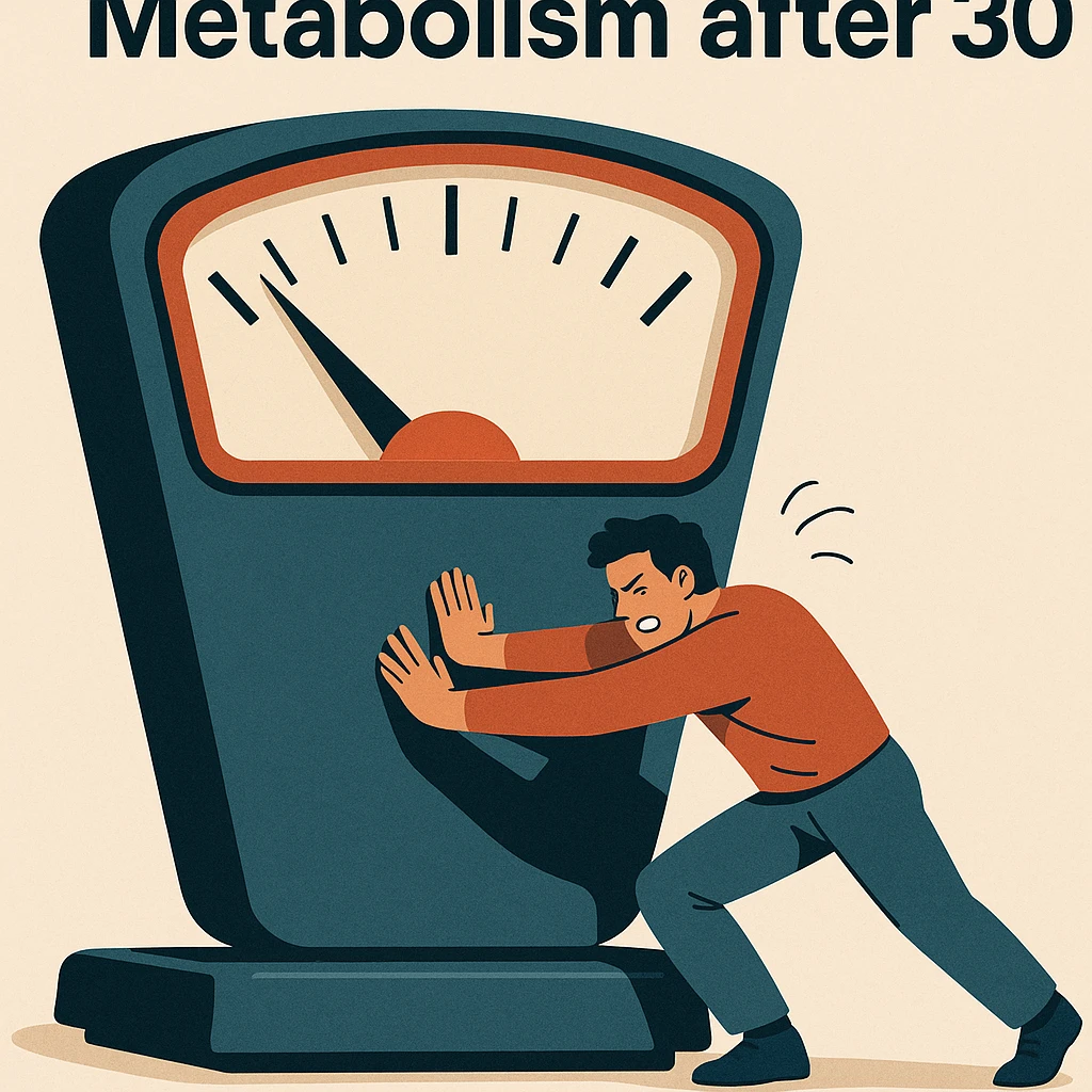 conceptual illustration of a man trying to push a large scale that doesn't move, above the scale the text 'Metabolism after 30', modern style, 4K emoji