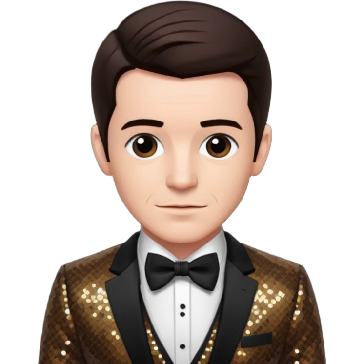 Drake Bell with dark brown hair, brown sequin suit with bow tie emoji
