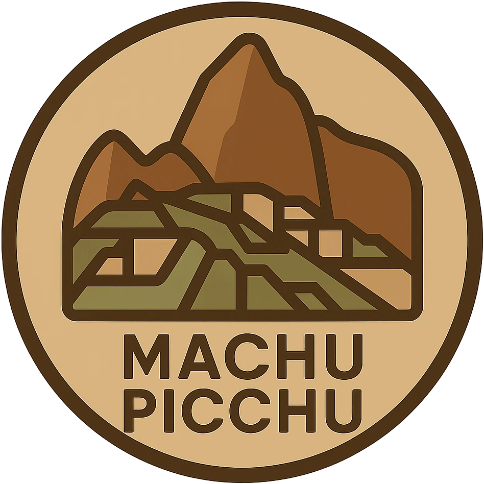 Transform the Machu Picchu logo into a circular badge shape, keeping the stylized mountain silhouette and earthy tones, preserving the transparent background, in a style that emphasizes natural earthy colors and a stylized mountain silhouette. emoji