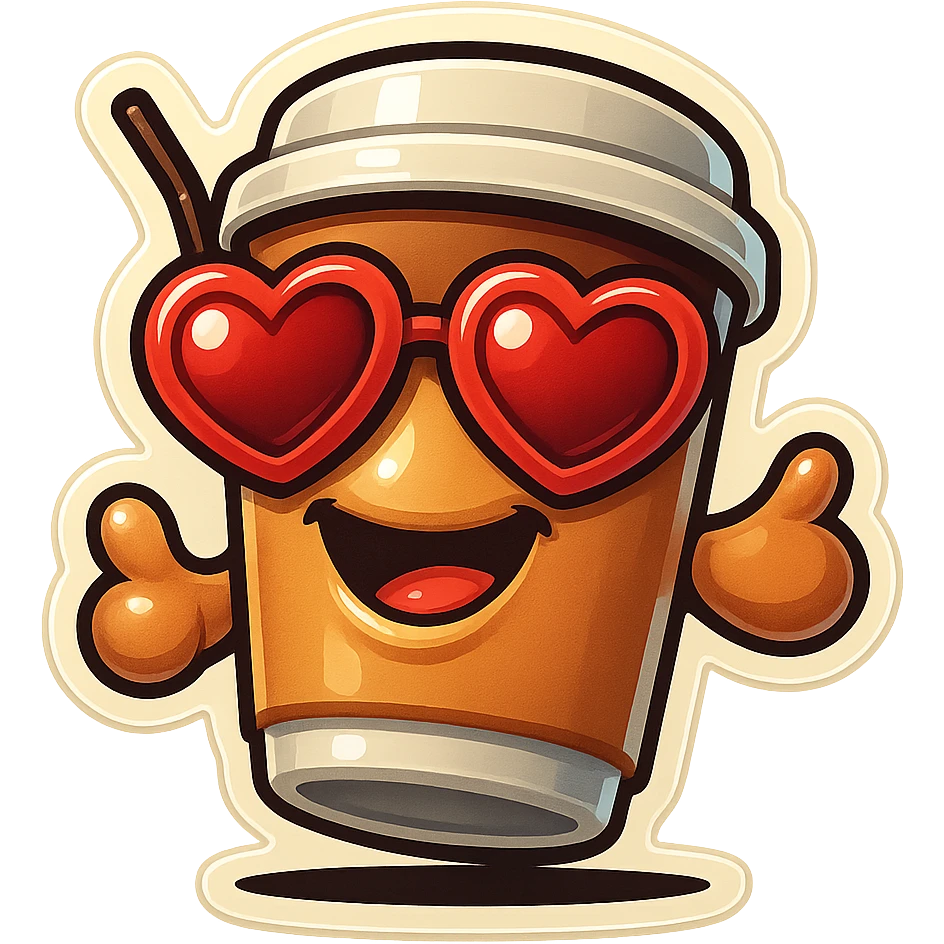 coffee cup creature, big heart eyes, big smile emoji