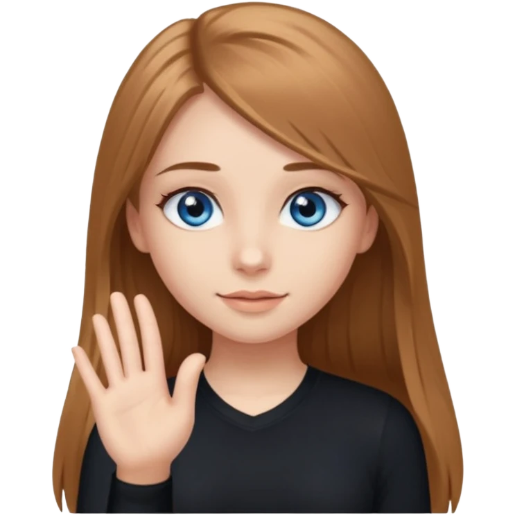 A girly girl with long eyelashes, very long light brown hair, blue eyes, with her palm up. with black undershirt emoji