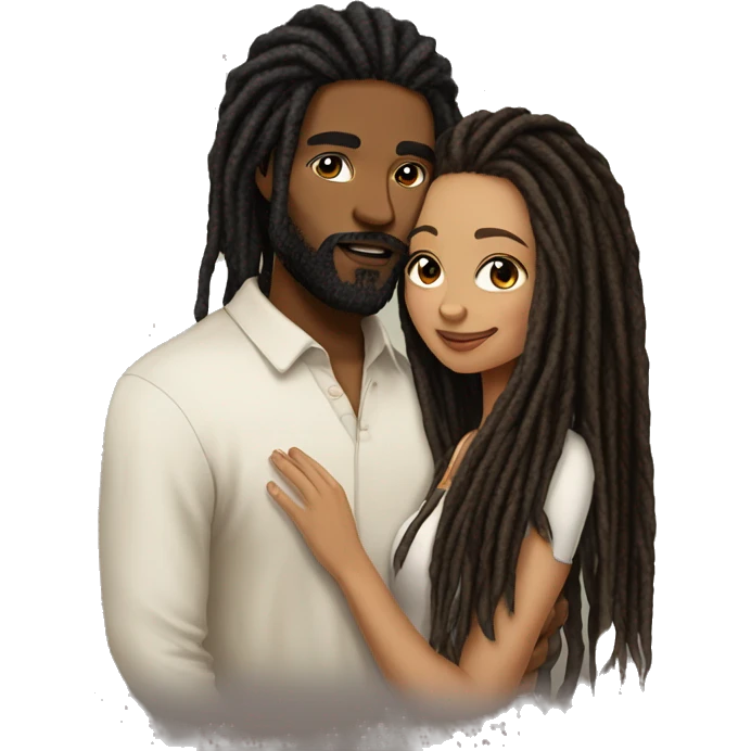 A lightskin woman long black dreadlocks with a brown skin man with a beard and long dreadlocks kissing her cheek emoji