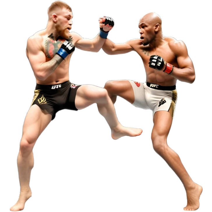 An MMA showdown between Conor McGregor and Anderson Silva in the octagon. McGregor is executing a powerful jumping strike, while Silva is expertly blocking the attack with his forearm. The background features the UFC octagon, fans in the distance, and dynamic action. Transparent background emoji