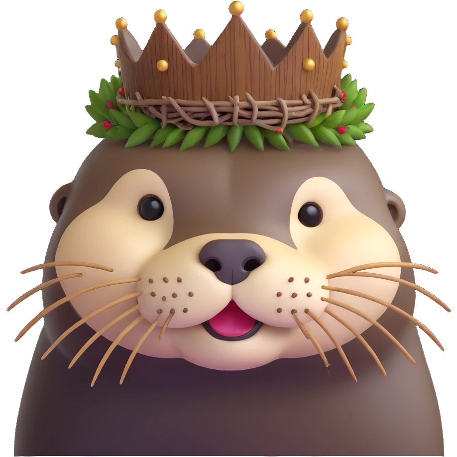 really cute confused otter face portrait with simple wooden thorny stem wrapped horizontally around its forehead like Jesus Crown of thorns, no metal, natural wood thorns, portrait painting style emoji