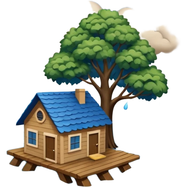 showing a flood disaster scene with powerful blue water waves carrying floating tree branches and wood pieces, small houses partially submerged, dark storm clouds above, heavy rain, realistic yet simple and clean emoji-style design emoji