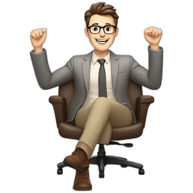 Joyful Celebrating victory Hands up Pale skinned Fit Man With dark brown hair in gray jacket, beige office shirt, Brown pants and vintage glasses sitting In a soft chair emoji