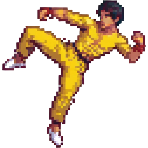 Bruce Lee in mid-air kick, pixel art style emoji