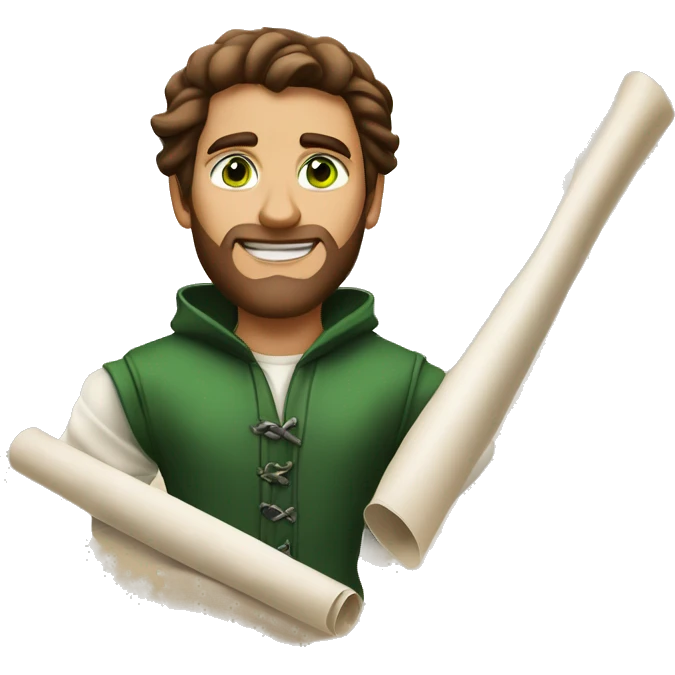 A light-skinned man with piercing green eyes, impeccably styled brown hair, and a confident demeanor holding the long white paper scroll emoji