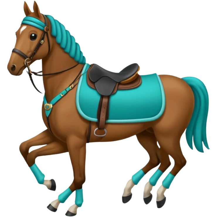Horse with a eat bonnet teal, a saddle pas teal, polos teal on the legs and a black saddle emoji