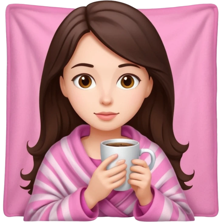 Brunette girl in pink blanket drinking coffee emoji