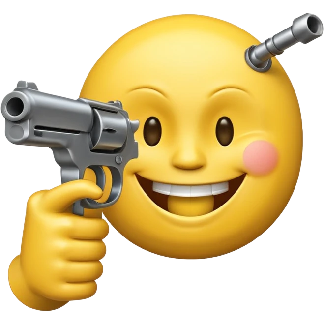Yellow laughing face pointing gun at its own mount. The barrel of the gun is pointed towards the smile into the mouth. The back of the gun faces the viewer emoji