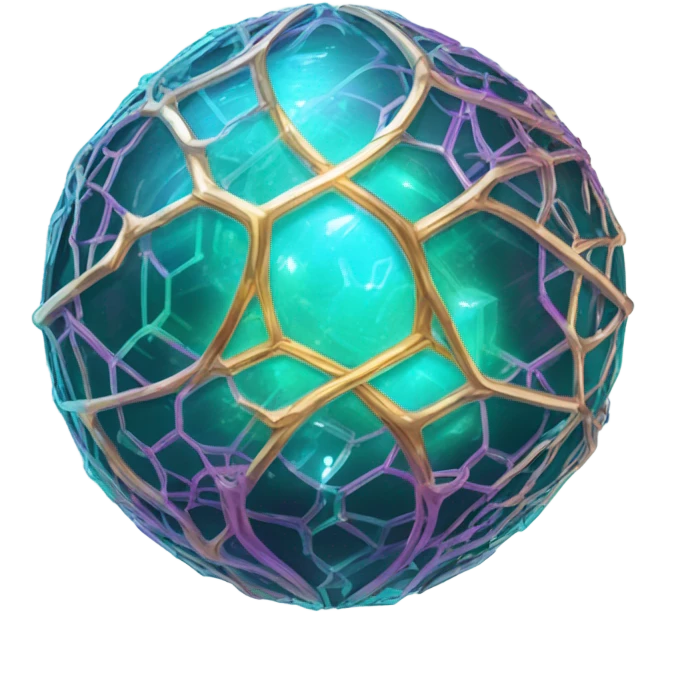 a glowing crystal orb with holographic circuits delicate bioluminescent vines. teal, purple, and gold emoji
