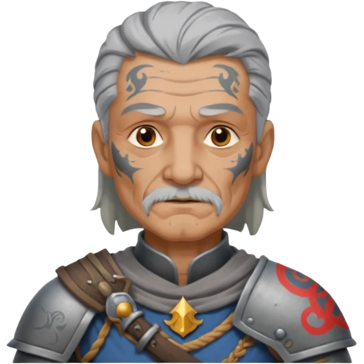 elderly tattooed knight, tattooed shoulder, long hair emoji