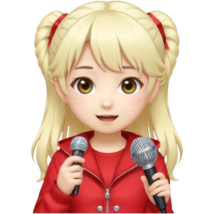 Cute kawaii emoji-style Japanese K-pop singer girl, long platinum blonde hair in twin tails, red outfit, holding a microphone, Japanese K-pop idol vibes, big sparkling eyes, chibi proportions, clean lineart, pastel colors, cheerful idol smile, sticker/emoji style, transparent background emoji