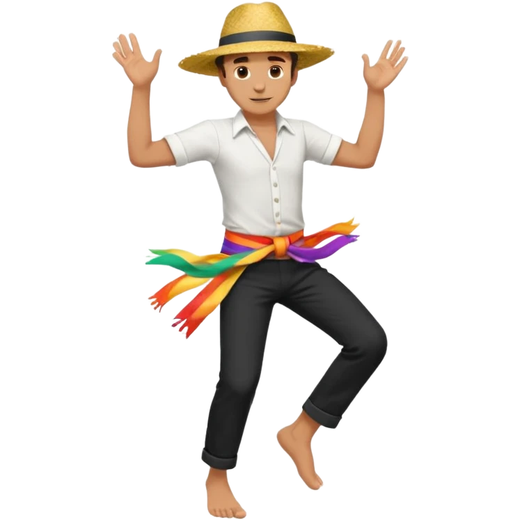 barefoot man dancing in black pants, white shirt, colorful sash in his waist, rural wide-brimmed straw hat emoji