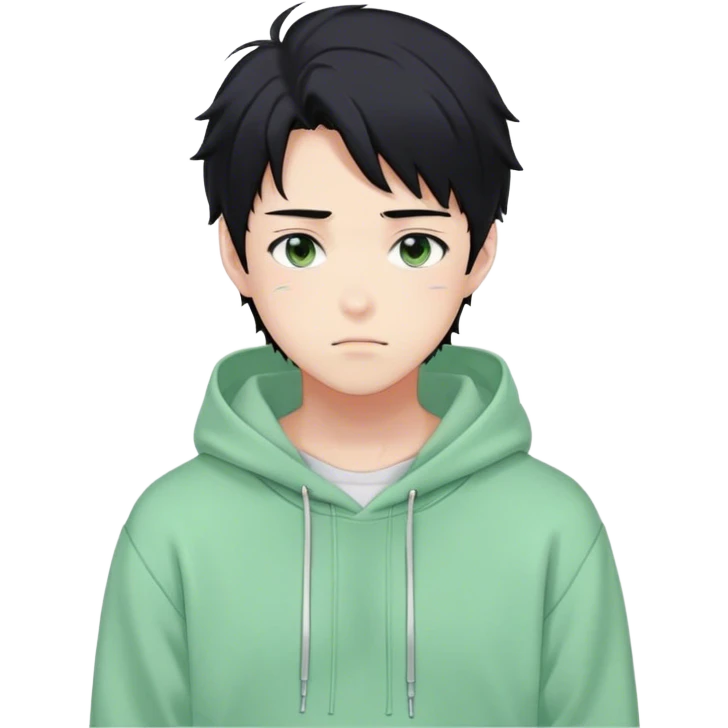 Gorgeous pastel green sweater black hair anime style shojo guy with blushing face and, hoodie, aesthetic, young adult, trending style, outside, vedal987 emoji