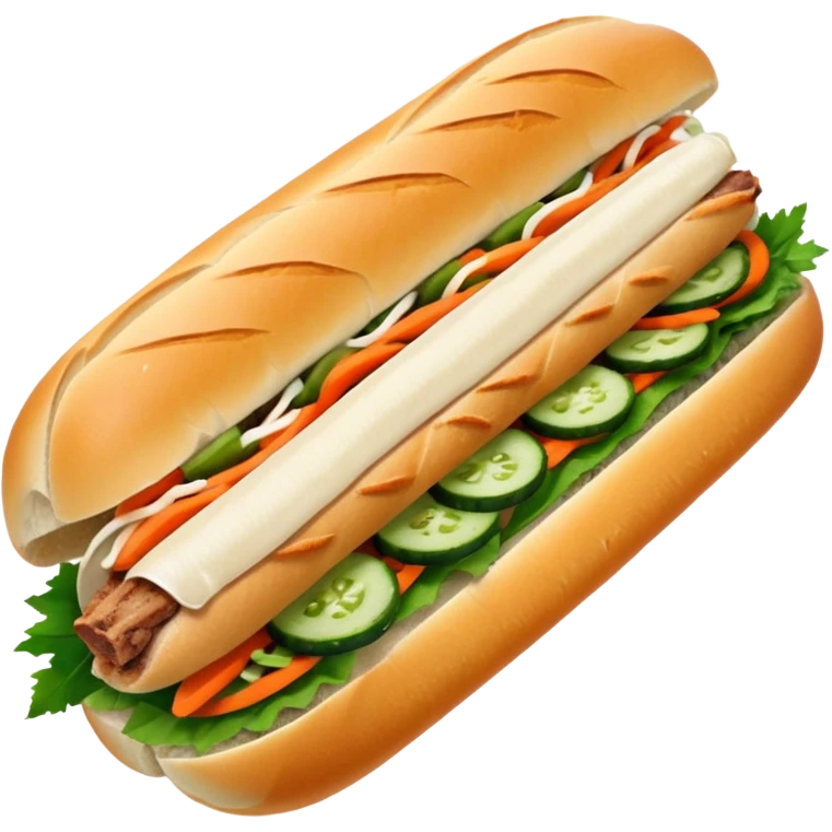 traditional banh mi with char grilled pork


    Very crusty baguette

    Mayo 

    Pickled carrot 

    Cucumber, coriander/cilantro, green onion, chilli 
 emoji