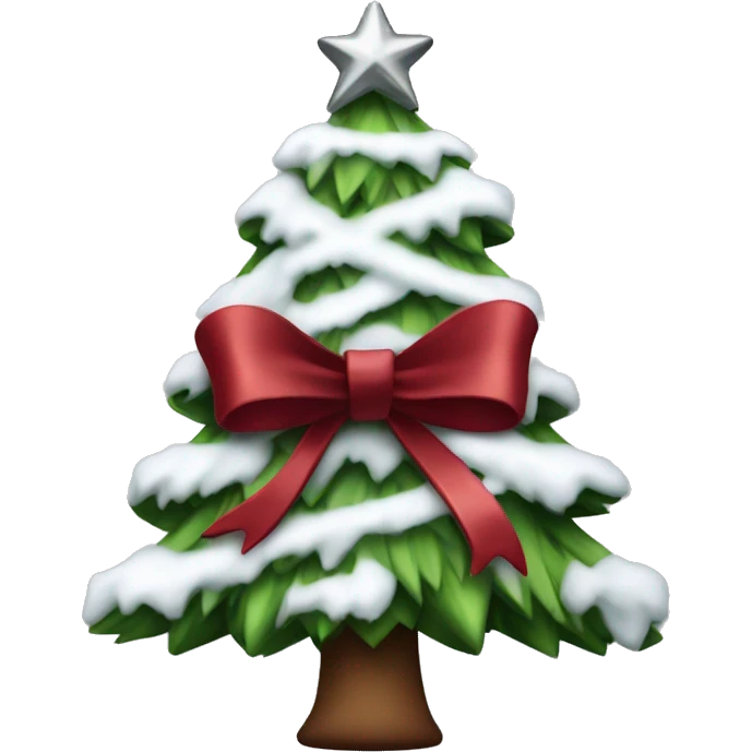 Snowy Christmas tree with silver ribbon and dark red bows emoji