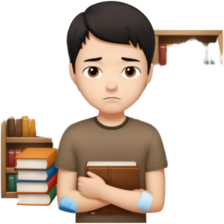 generate a pretty bratz fair skinned boy with short black hair wearing a brown tshirt surrounded by books n looking very sad emoji