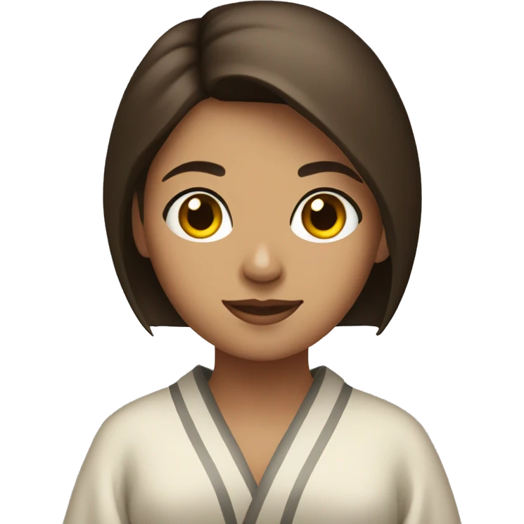 brunette with short hair in a robe with a cup in her hands emoji