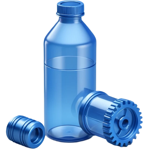 "A high-quality 3D isometric icon of a blue translucent PET plastic bottle standing next to a sleek metallic industrial gear. Clean studio lighting, white background, soft shadows, 3D clay render style, minimalist and professional." emoji