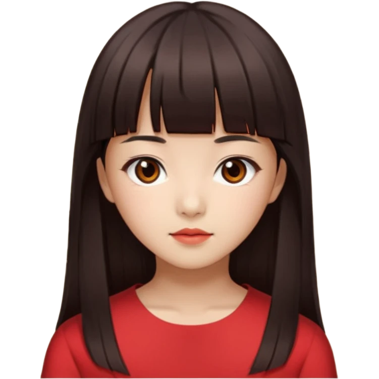Korean girl, red top, black brown hair, brown eyes, long hair, cool girl, aesthetic, long hair, hime cut, blunt bangs emoji