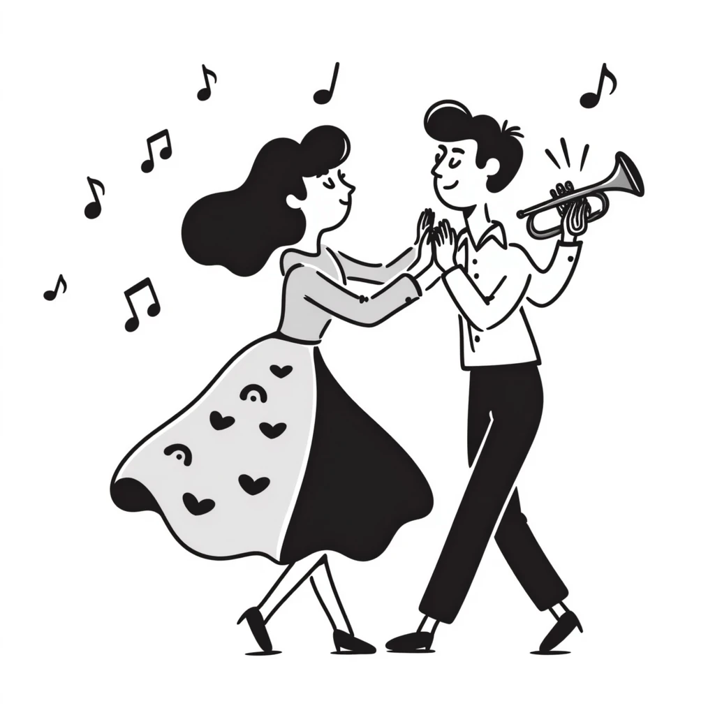 Colombian salsa dancing couple with musical notes, trumpet, and Colombian flag colors emoji