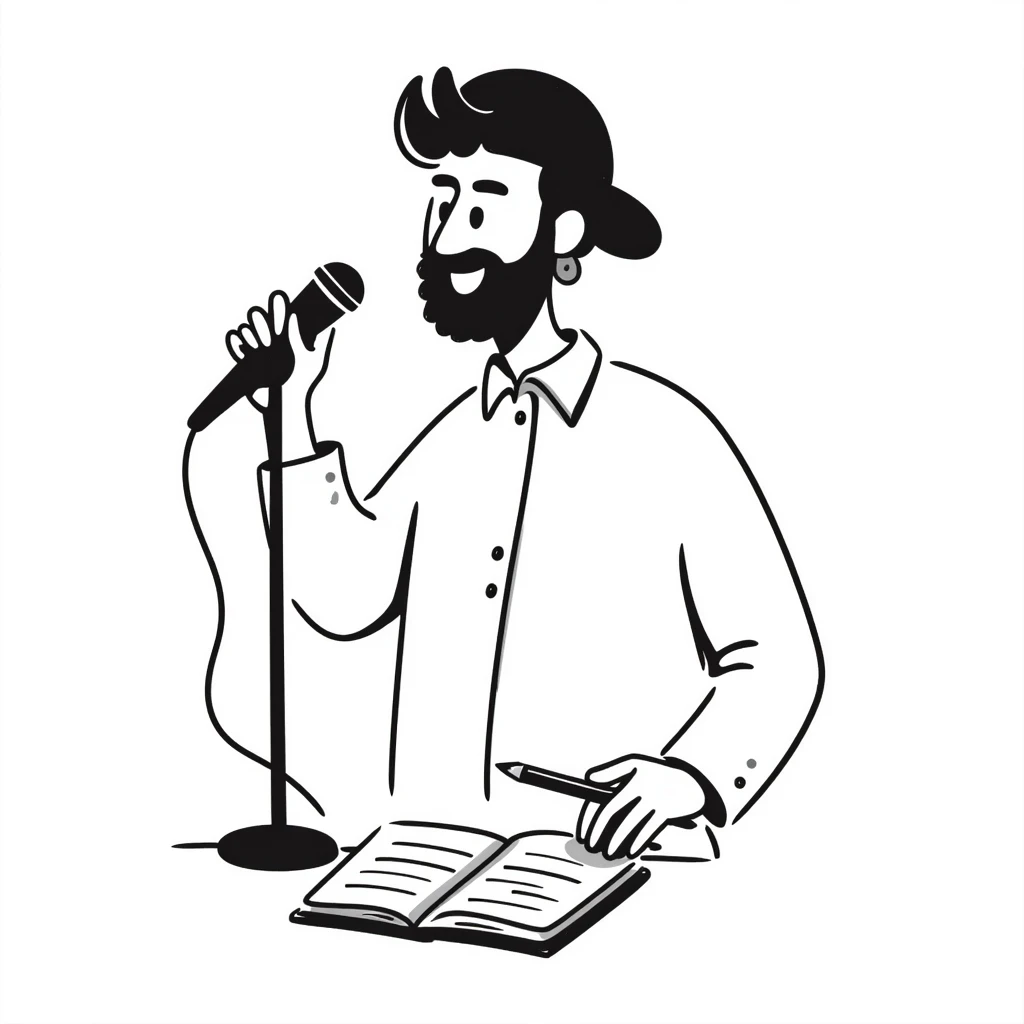 bearded songwriter in his 30s with backwards cap, enthusiastic smile, gripping microphone with one hand and pencil with other emoji