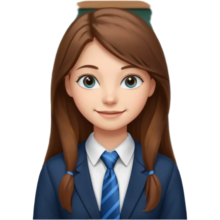 high school class room with a pretty female high school student with long brown hair, blue eyes, wearing a tie, sitting in front of the blackboard emoji