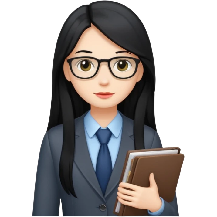 accountant with black long hair without glasses, modern clothes, girly emoji