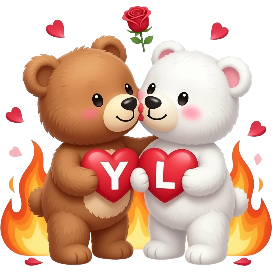 I want one light brown bear teddy kissing on cheek white bear teddy both holding heart surrounded fire , both a little furry, the  white bear blushes and smiles , add letter Y to the heart of the brown bear and letter L to the heart of the white bear , rose petals falling from sky , passion emoji