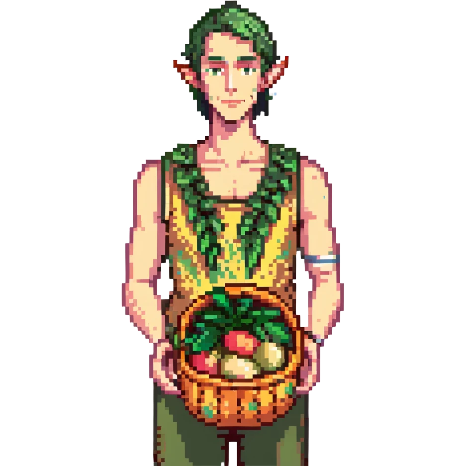 elf male Sleeveless vest with palm-leaf print, basket of exotic fruits (mango/lychee), sunburned nose. emoji