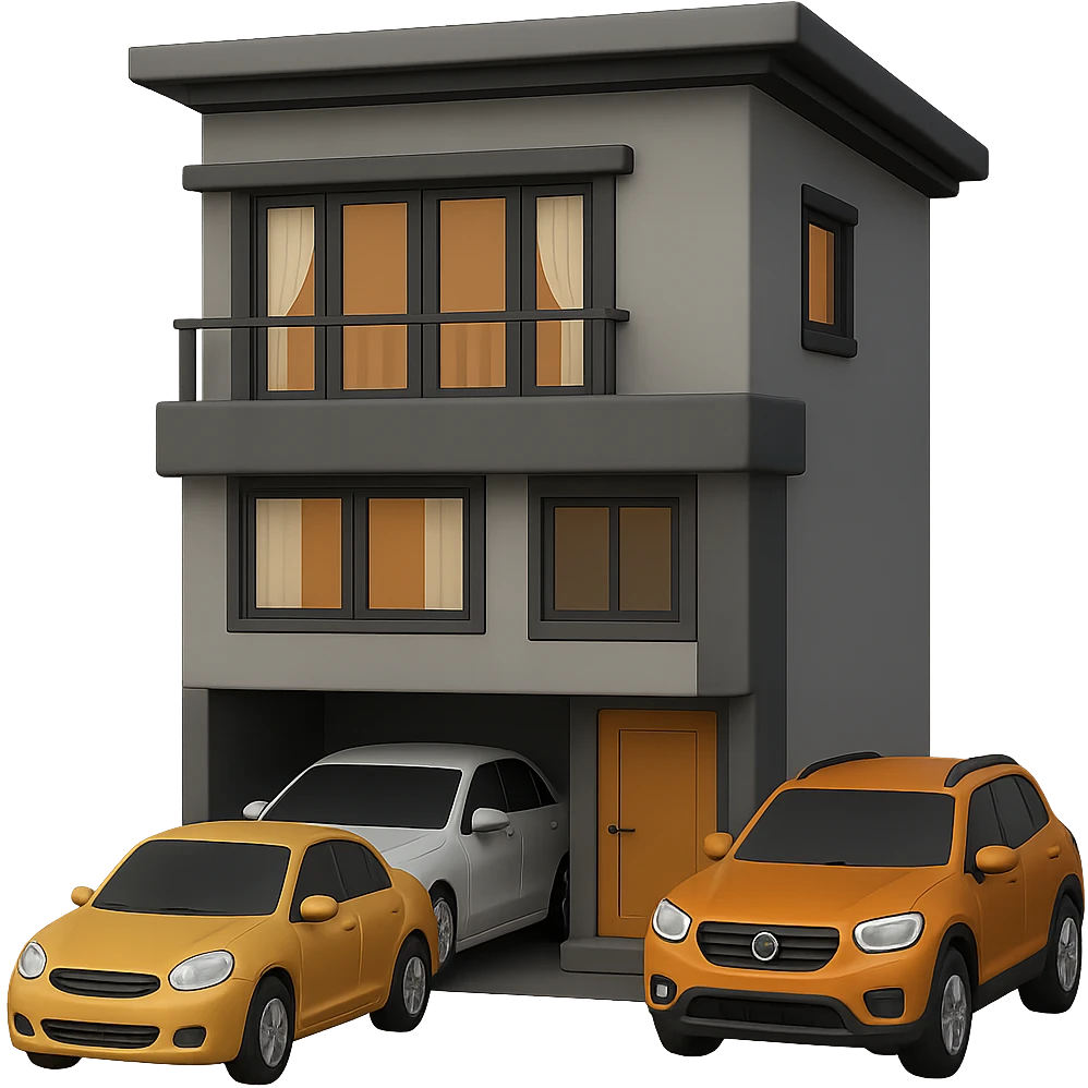 Add two realistic 3D emoji-style cars parked in front of the house. Keep the style and colors consistent with the house. The background should be transparent. The style to emulate is 3D emoji style. emoji