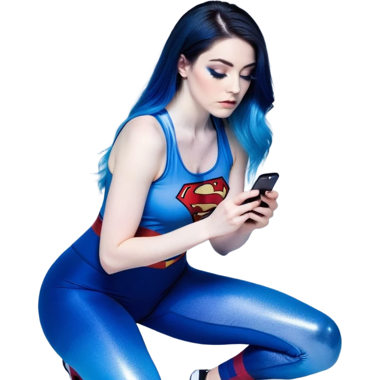 Very sad-Texting on phone-very very very large upper body-sexy face-bending forward at waist-very long very straight dark blue to light blue ombre hair-and-blue eyes-thick black eyeliner-thick long eyelashes-iridescent blue lowcut tanktop with black leggings with glitter superman logo emoji