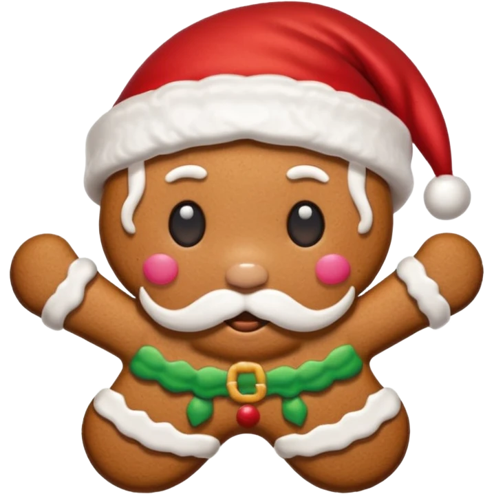 A gingerbread cookie with a face and a Santa hat emoji
