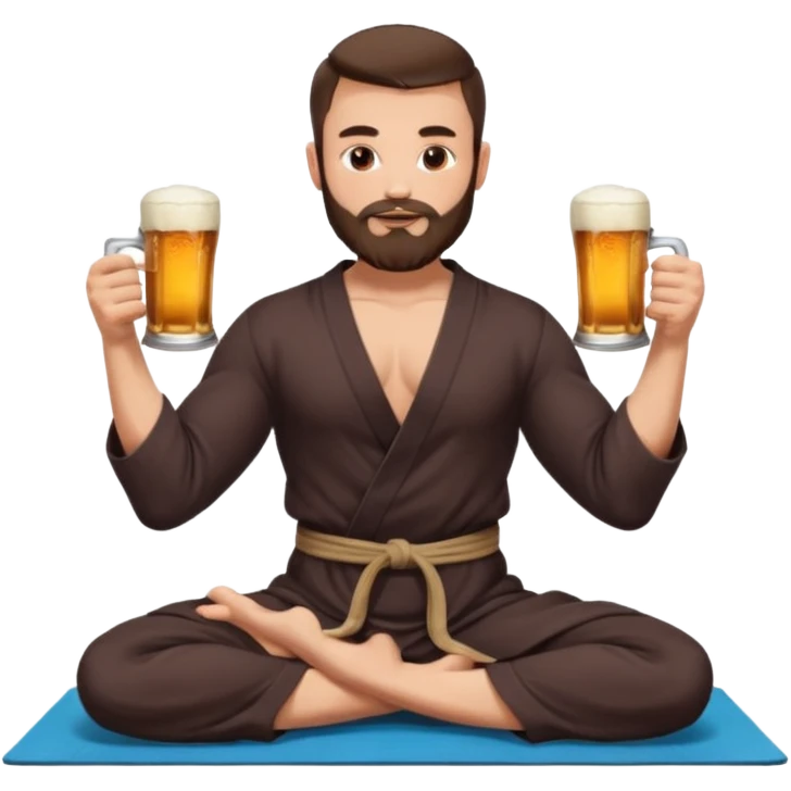 slavic muscled guy with dark brown hair and beard, sitting in yoga pose on a mat, dark colors robe, long and volume dark hair, holding beer mugs in two hands, sitting emoji