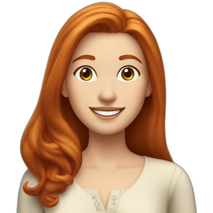 redhead white woman with medium long straight hair, greets smiling, wearing romantic blouse emoji