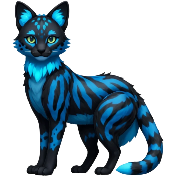 Realistic Obsidian-pitch-black fur body with neon-glowing-blue ring-markings Grem2-Gremz-serval-panther-Sergal-fusion, full body  emoji
