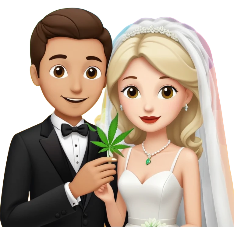 Bride in white dress and groom in tuxedo sharing a cannabis joint, cheerful cartoon wedding couple with vibrant colorful background emoji
