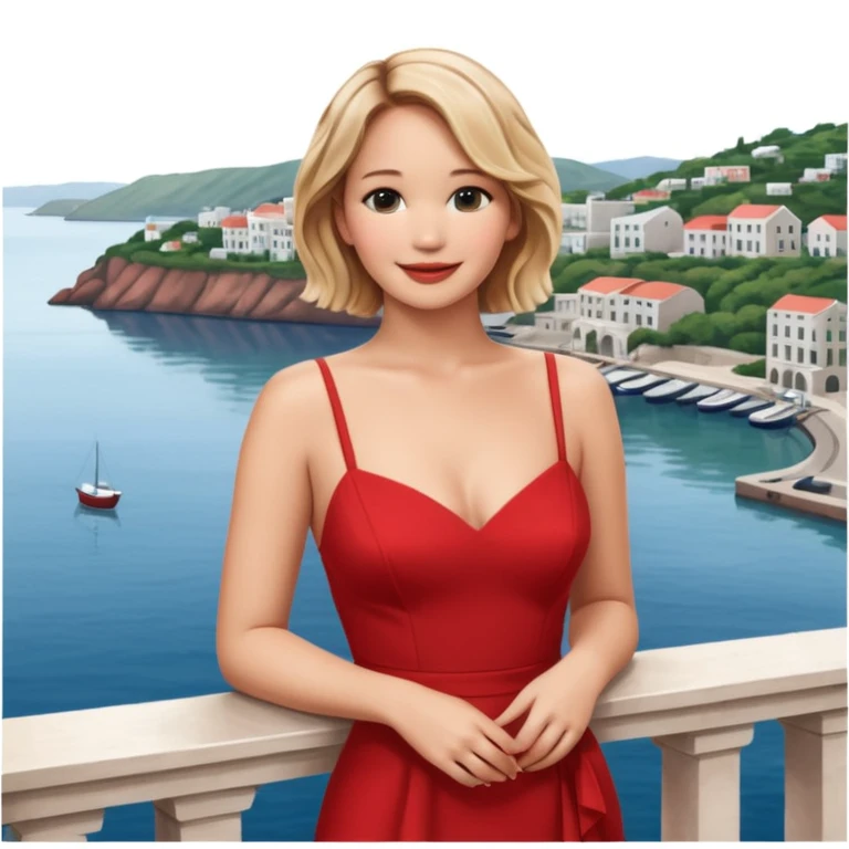 jennifer lawrence, closeup portrait , leaning on a balcony with a harbor and cityscape in the background, smiling, red dress  emoji