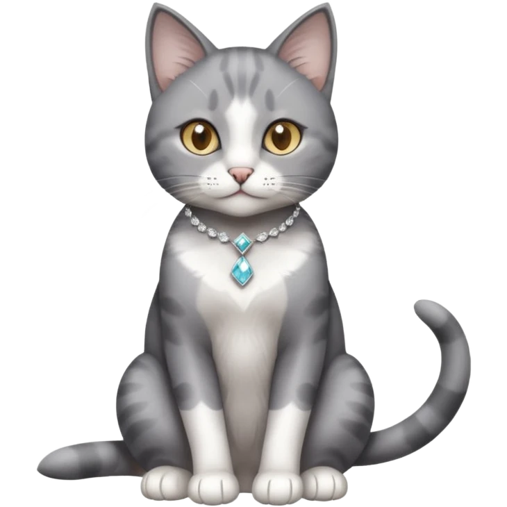 Grey cat with a white diamond spot on her chest and white markings on her paws sitting pretty emoji