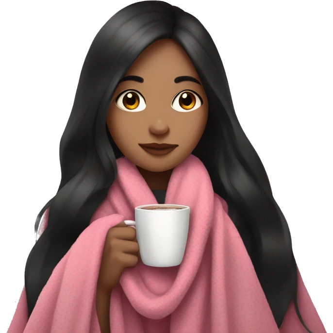 Girl with black long hair with long lashes with pink blanket on while drinking hot chocolate  emoji