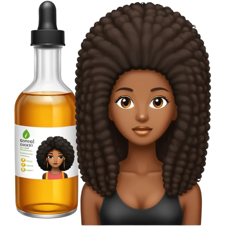 Hair growth oil serum bottle, label has a black woman with long afro hair. emoji