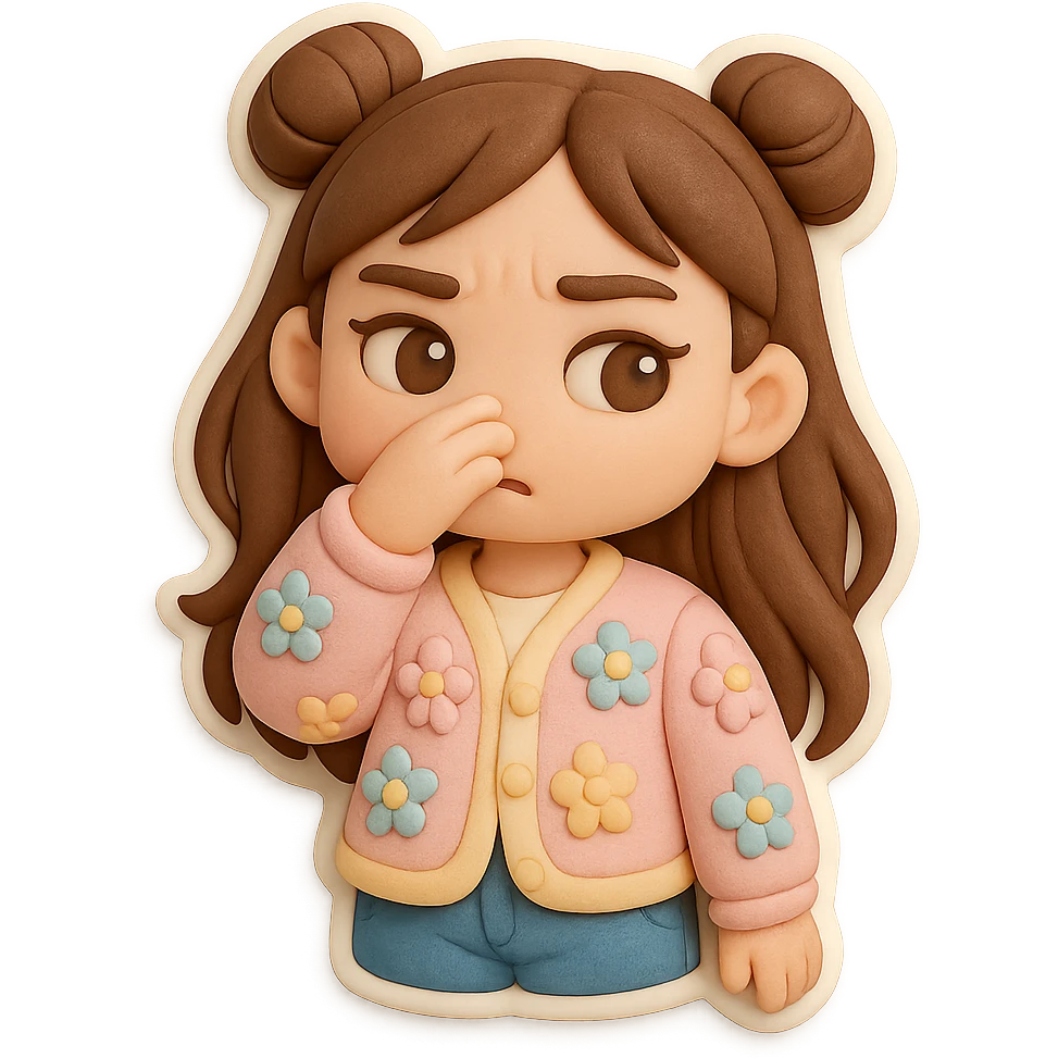 3D chibi fondant cake art style, high-quality rendering with smooth shadows and soft gradients. Girl based on reference image preserving facial features, long brown hair in two space buns, brown eyes, jeans, pastel floral cardigan, thick white outline like a sticker, transparent background. Waving her hand in front of her nose like 'ew, it stinks'. emoji