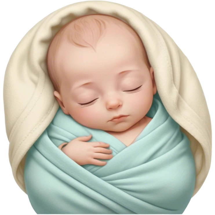 A tiny newborn baby wrapped snugly in a soft, pastel-colored swaddle blanket, peacefully sleeping with a serene expression. The baby’s small hands are tucked close to the chest, surrounded by a cozy, calm atmosphere in a warm nursery emoji