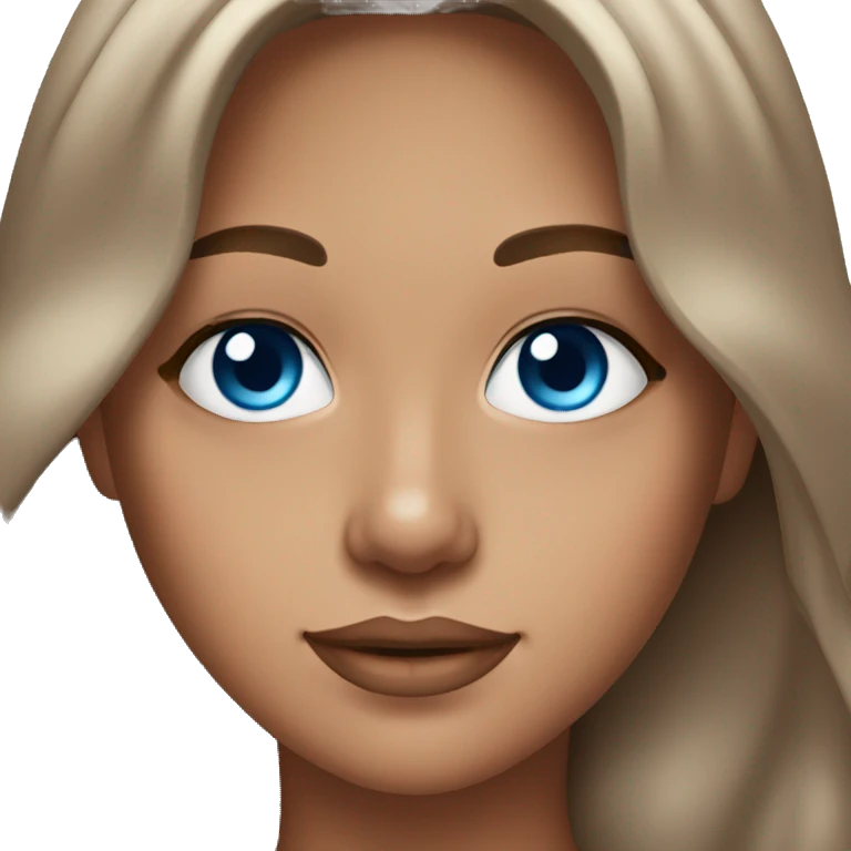 Beautiful tanned girl, long hair, brunette, Brown hair blue eyes, light pink lip color emoji