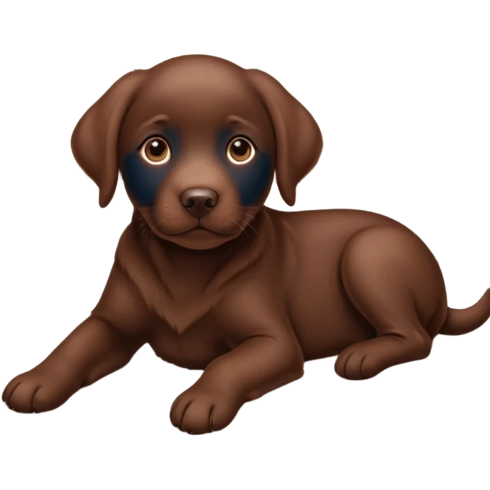 A chocolate Labrador Retriever puppy lying on a cozy carpet indoors, looking curious. Warm indoor light, realistic fur detail, shallow depth of field. emoji
